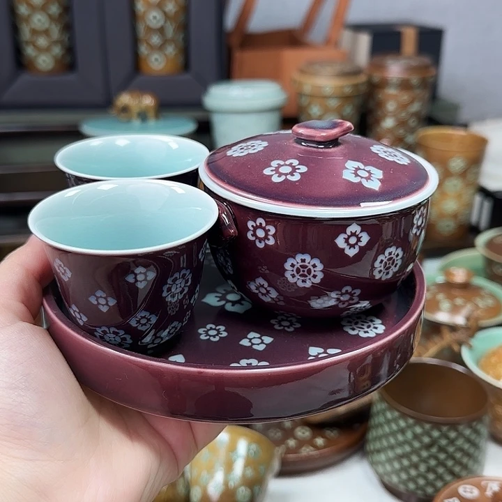 一***好龙泉手工制作工艺品青瓷套装宝相花