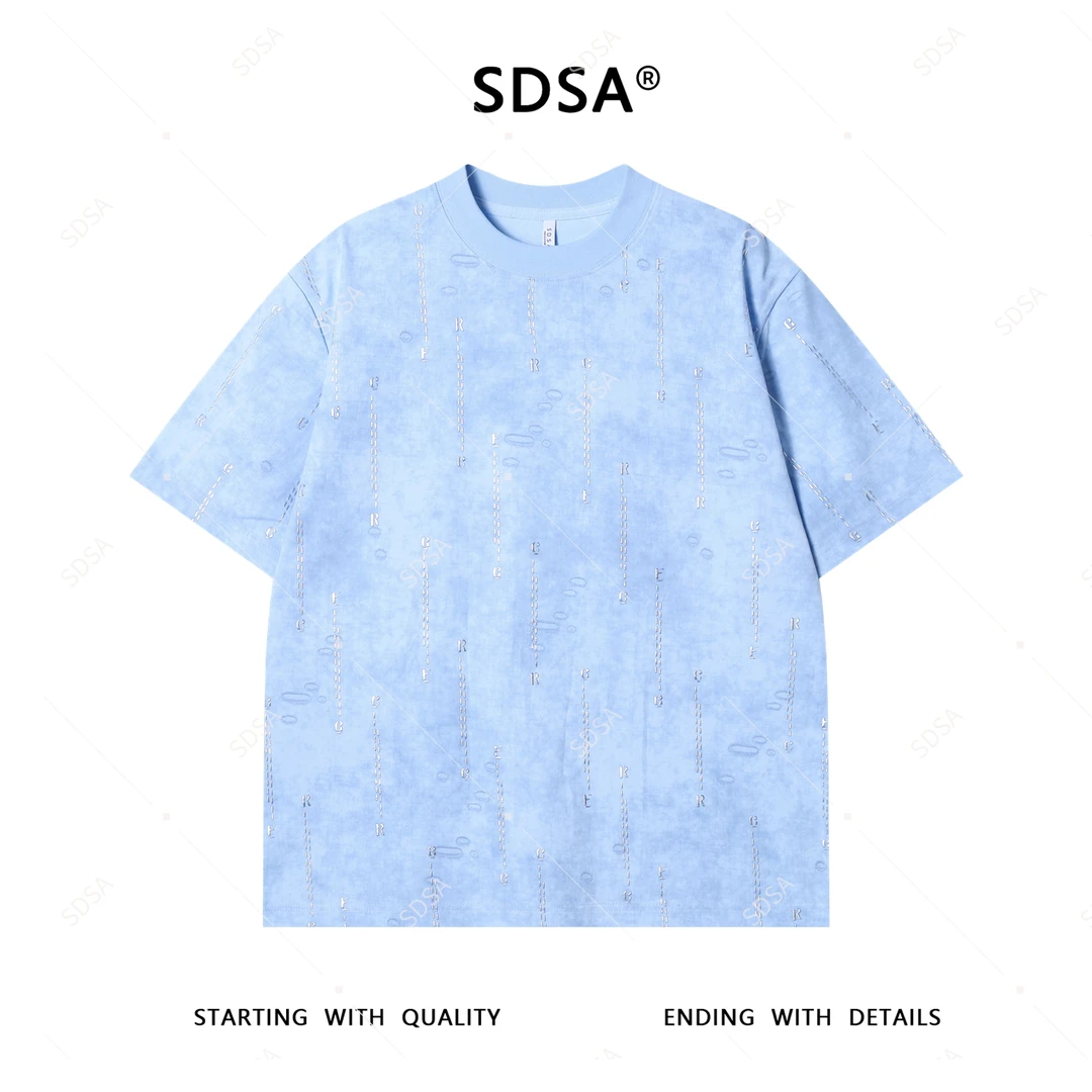 T3924高级感新款男士美式扎染虚线字母印花短袖T恤时尚圆领上衣