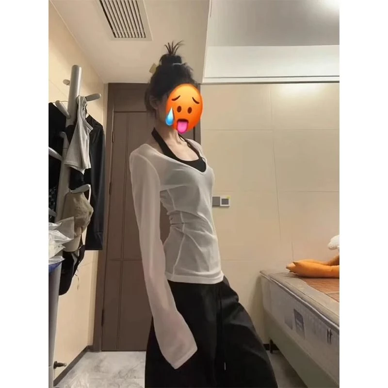 防晒衣罩衫t恤女夏季辣妹叠穿两件套内搭挂脖吊带背心V领长袖上衣