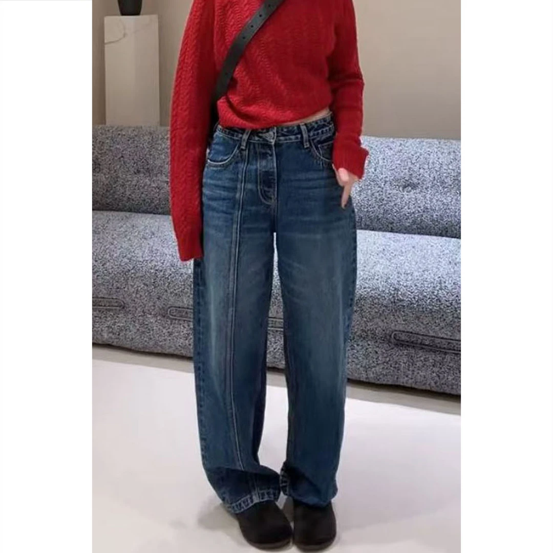 艾塔莉秋季高腰女裤牛仔裤宽松版阔腿裤小个子拖地长裤设计感显瘦