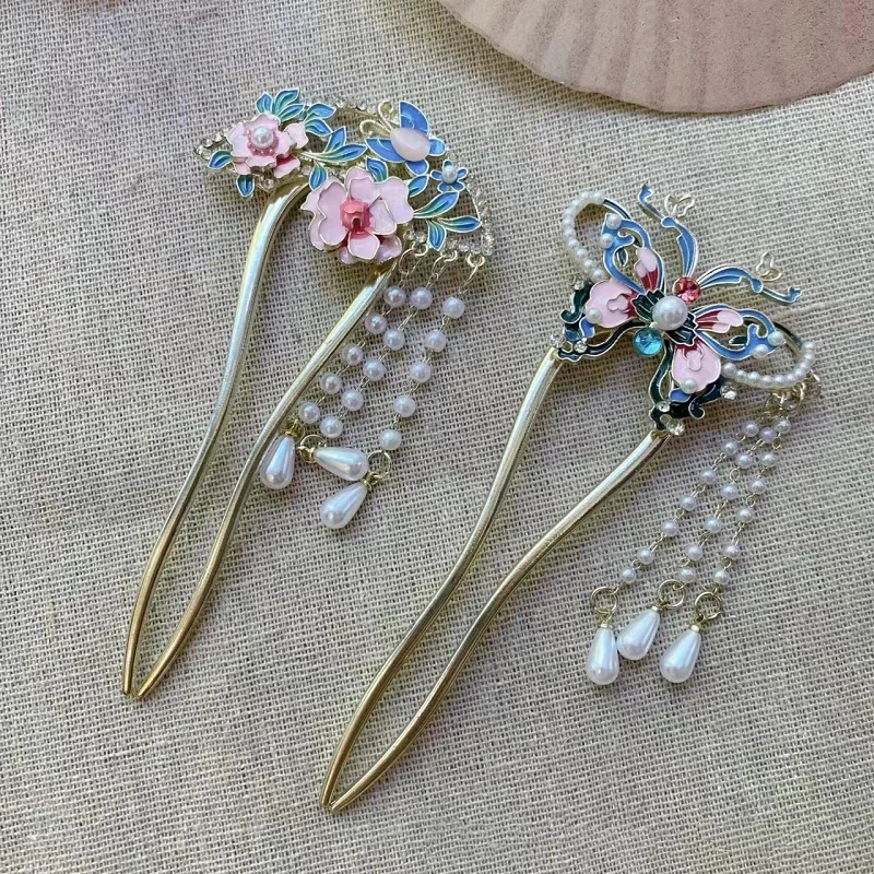 古风手工蝴蝶珍珠流苏U型发簪气质盘发簪子汉服旗袍步摇发钗头饰