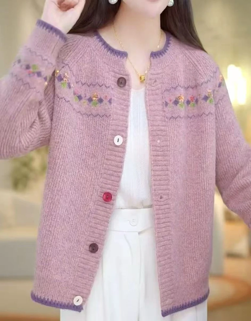 秋季新款花纱针织女开衫大码宽松减龄毛衣外套短款外搭