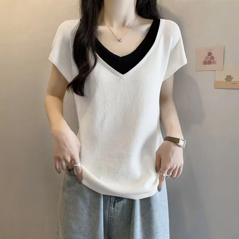 大码女装遮肚子打底衫女假两件正肩短袖T恤女夏季胖mm显瘦上衣潮