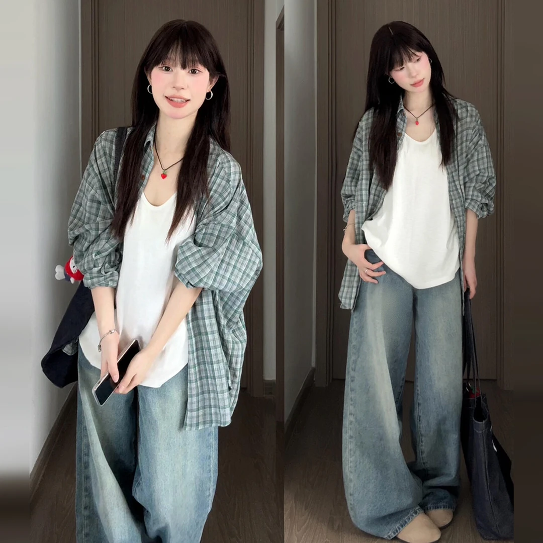 2025早秋款韩系高级感绿色格子衬衫外套女百搭休闲多巴胺长袖上衣