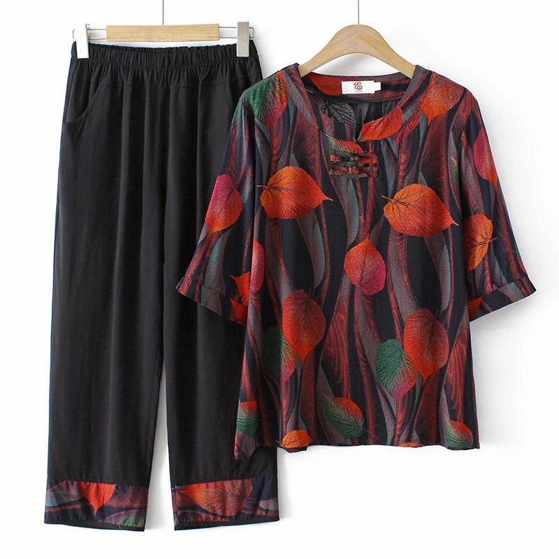 F206老年人奶奶夏装女短袖两件套装岁老太太恤婆婆宽松衣服夏季