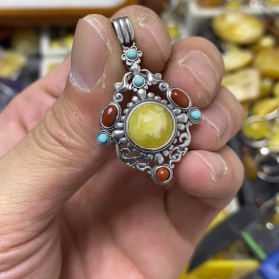 蜜蜡裸石银S925镶嵌吊坠