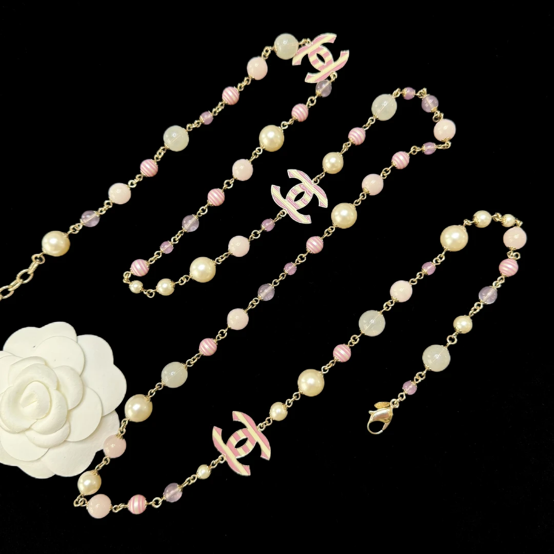 95新 Chanel/香奈儿 Chanel粉色条纹双C混珠长项链 2503726