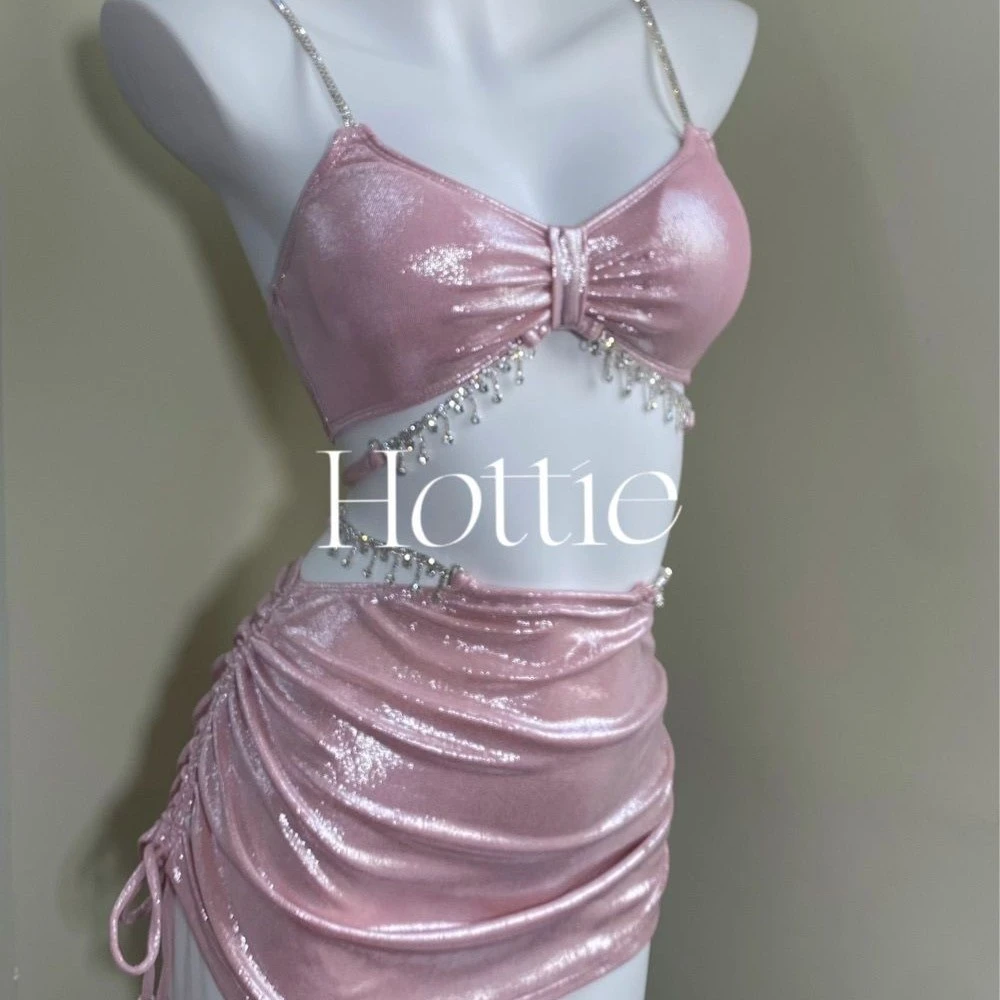 亮闪闪夏粉色少女纯欲高级感Bikini三件套遮肚分体泳衣裙式泡温泉