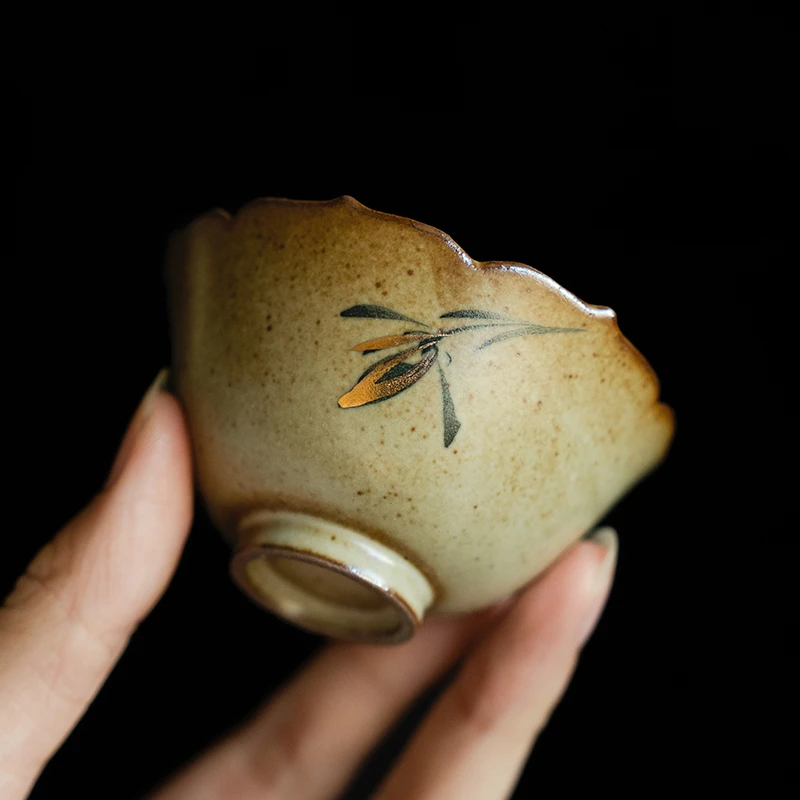 德白仿古窑变家用创意纯手绘蝴蝶兰花主人杯功夫茶具女士专用茶杯