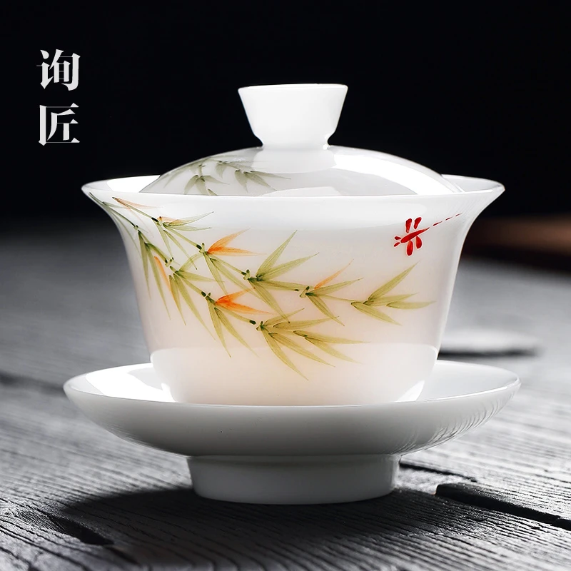 手绘冰种陶瓷景德镇泡茶盖碗单个高档白瓷三才茶碗茶杯茶具羊脂玉