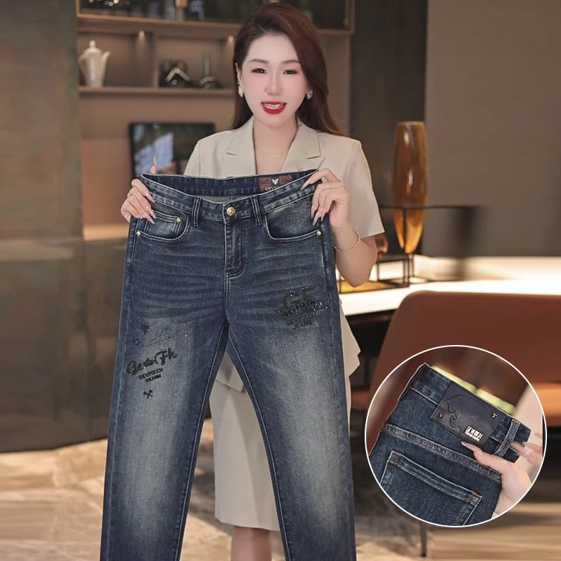 秋季高端烫钻男士牛仔裤时尚刺绣修身休闲弹力小脚裤男显瘦穿K04