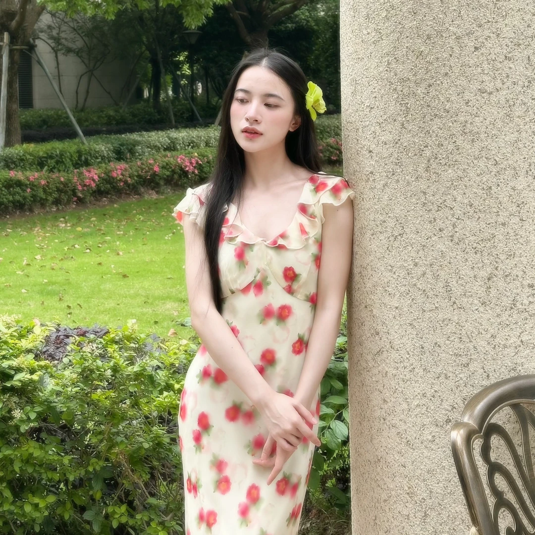 Lam muimui【园游会】复古法式短袖连衣裙碎花印花夏季少女中长裙子