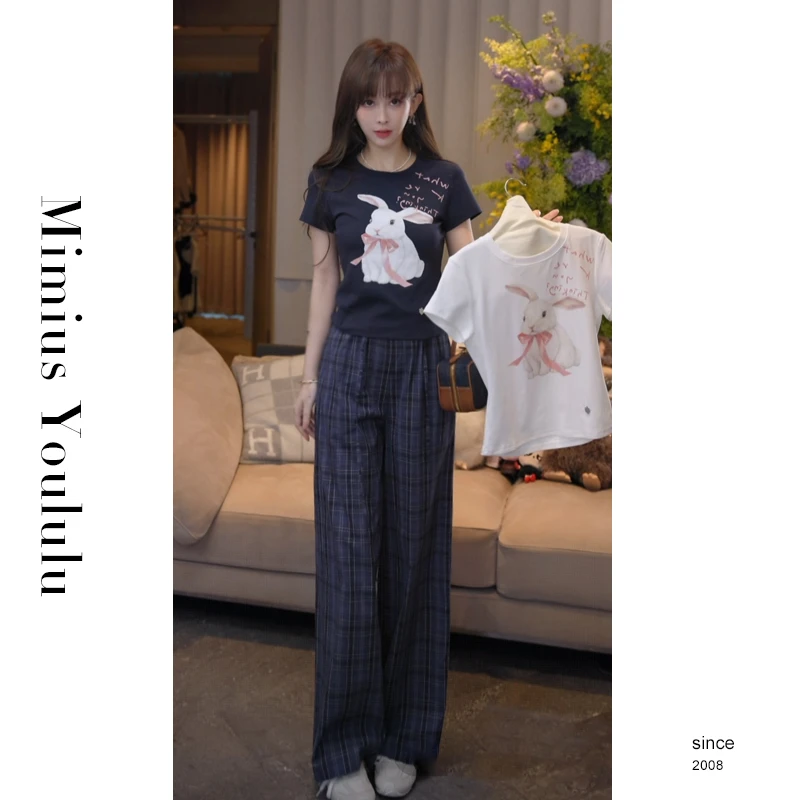 【mimius】七七 卡通减龄蝴蝶结兔子圆领短袖T恤+长裤 G07042