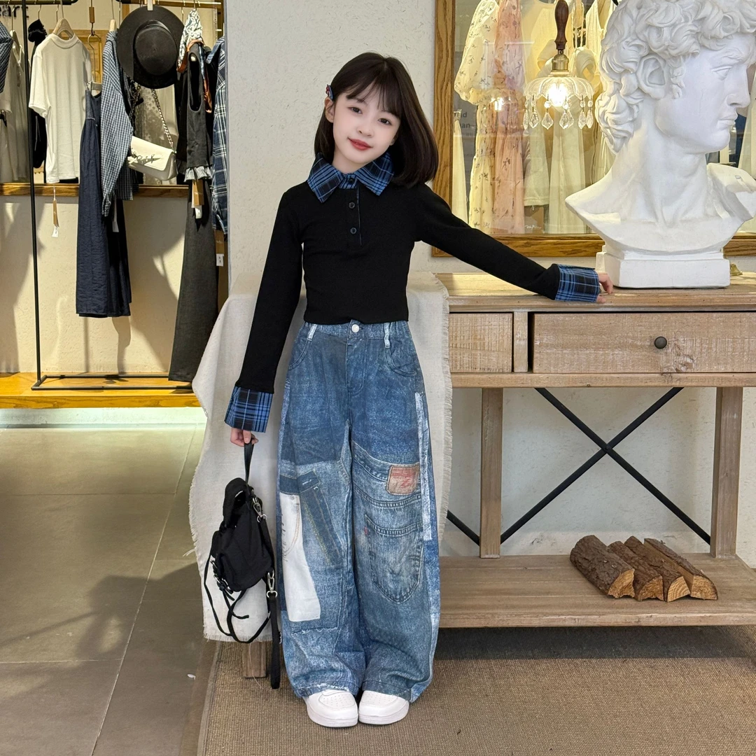 女童美式高街设计感补丁拼接牛仔裤新款印花hiphop拖地裤春秋上衣