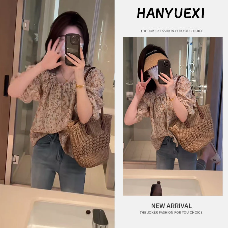 今年流行穿搭一整套2025新款褶皱碎花减龄衬衫上衣休闲牛仔裤套装