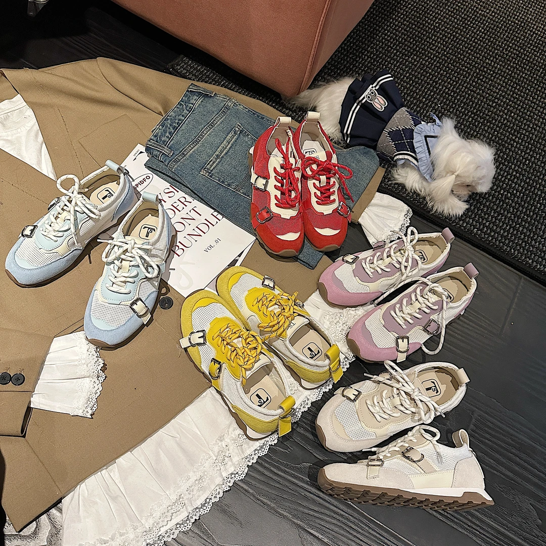 TS休闲鞋女2025春季新款时尚百搭圆头简约网面厚底德训鞋MTX57606