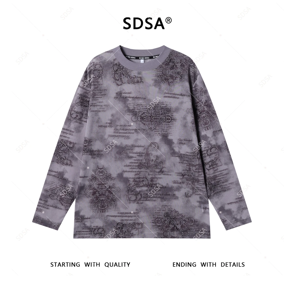 SDSA男士长袖t恤2025新款轻奢痞帅男装扎染舒适满印字母圆领上衣