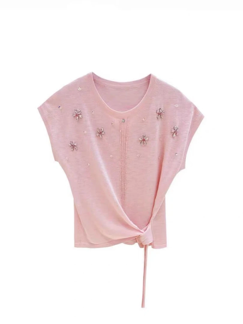 欧货绑带收腰重工烫钻花朵针织衫女2025夏季设计感粉色小香风上衣