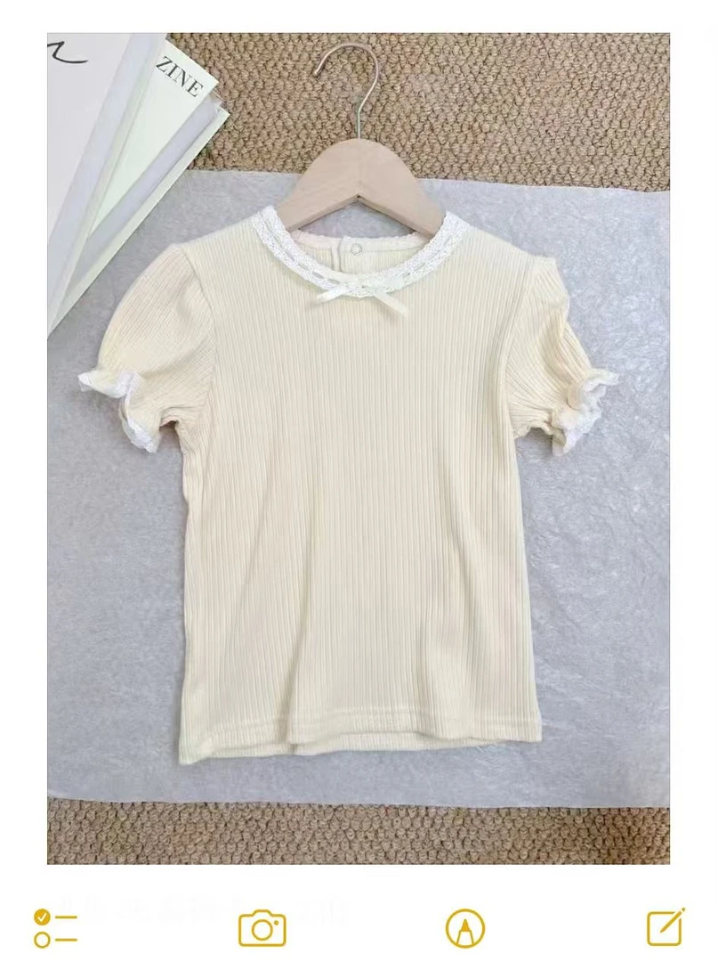 日单米色花边蝴蝶结短袖