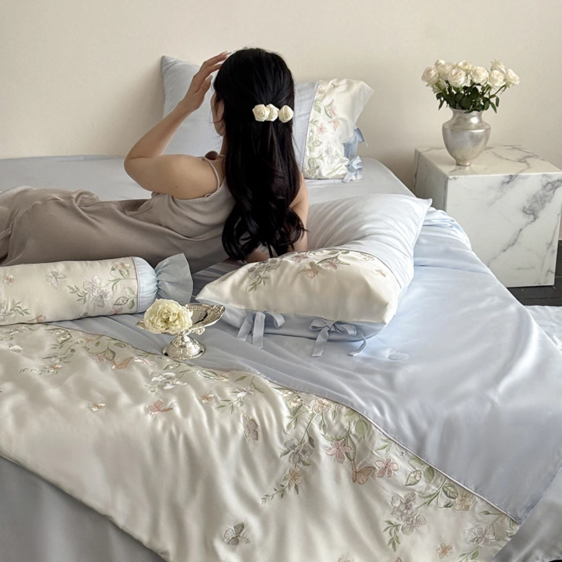 轻奢兰精天丝刺绣夏被四件套天丝空调夏凉被凉感丝滑成人夏凉被子