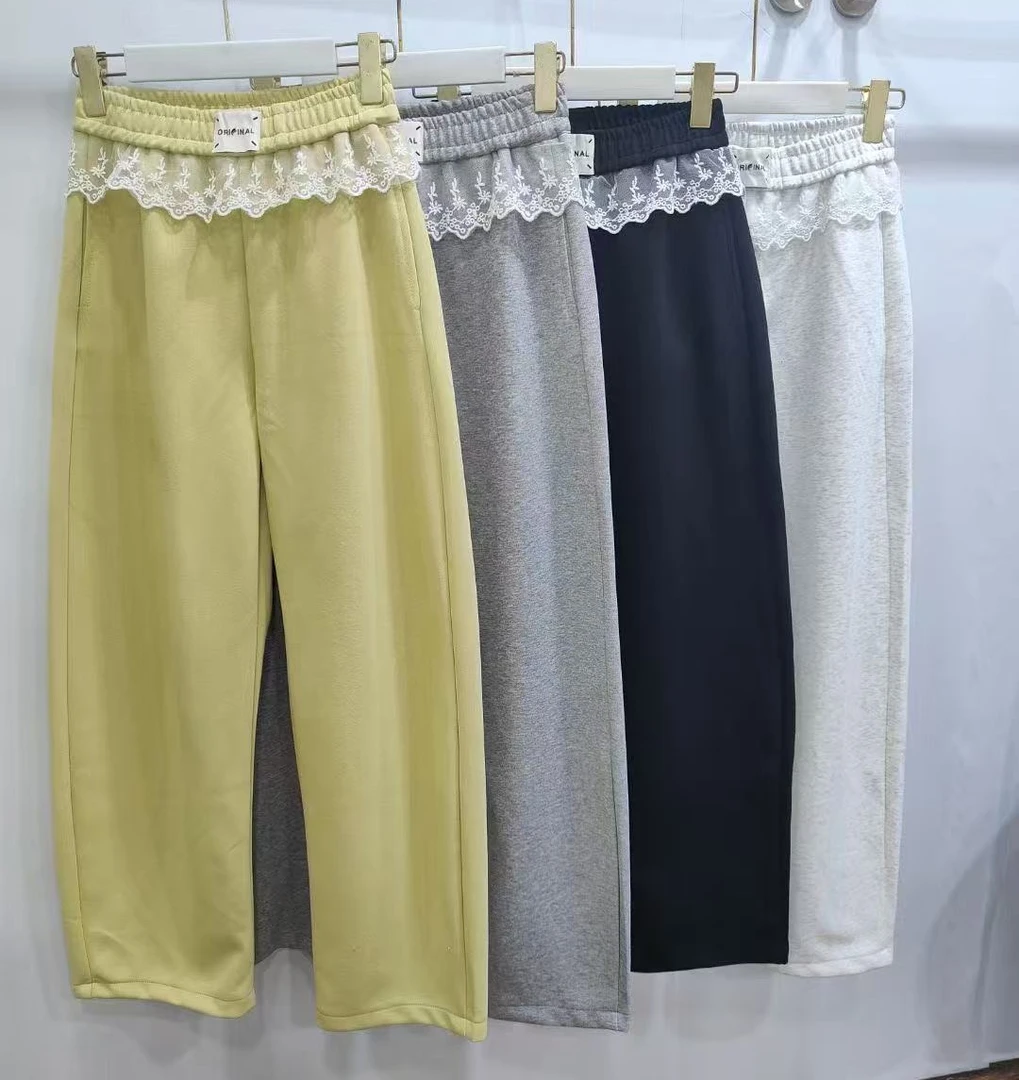 十三行卫裤韩系慵懒风蕾丝花边运动裤女早春高腰松弛感休闲阔腿裤