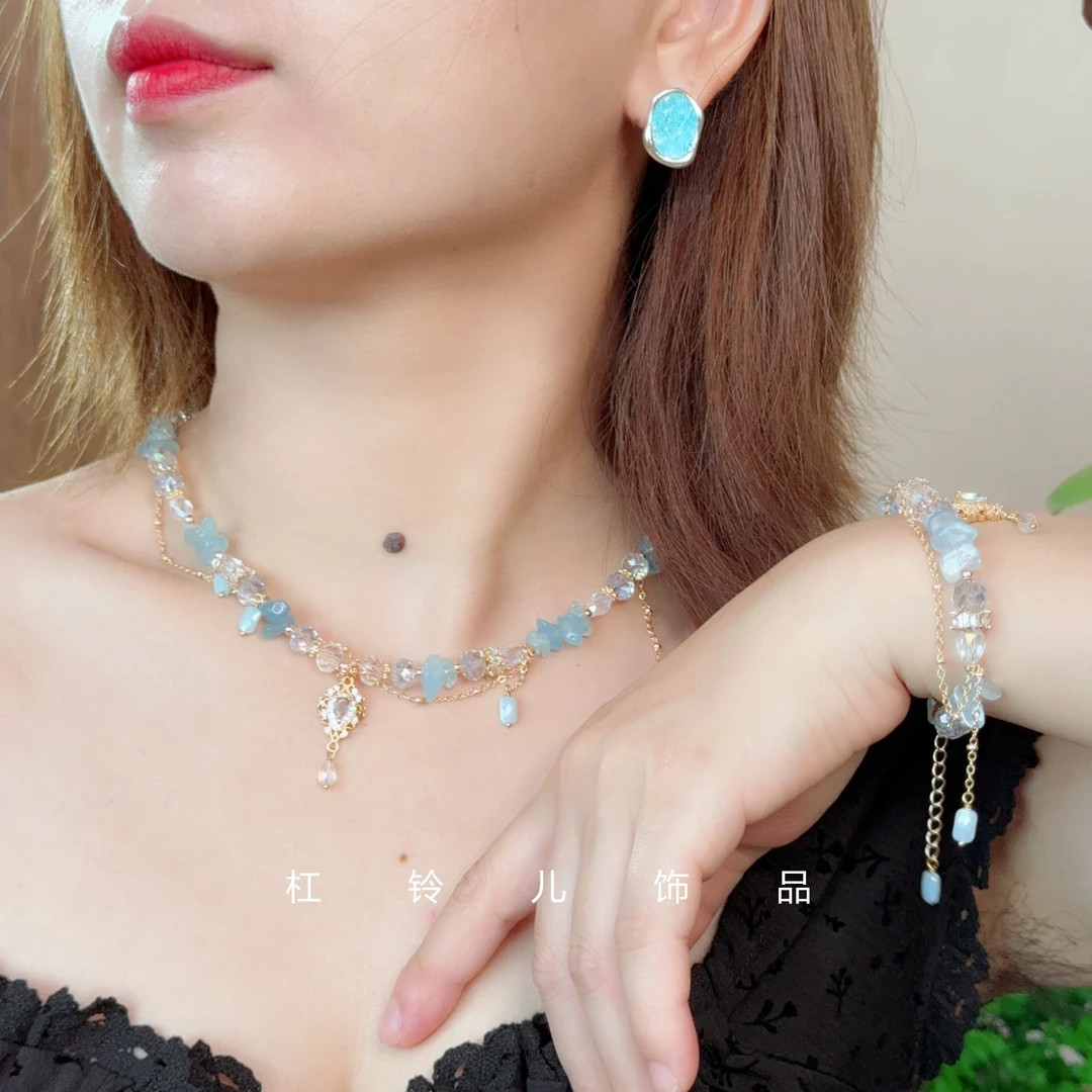 铜合金手链 韩版轻奢高级蓝水晶手链锆石吊坠颈链设计感手串项链