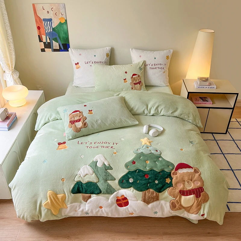 森林小熊 A类全消光加厚牛奶绒三四件套 冬季床上加绒四件套