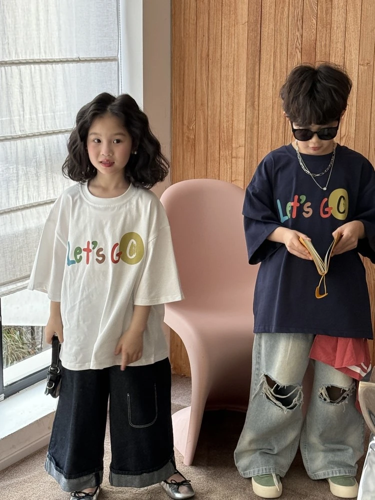 诺希家韩系童装男女童韩版字母韩系印花短袖儿童圆领休闲上衣