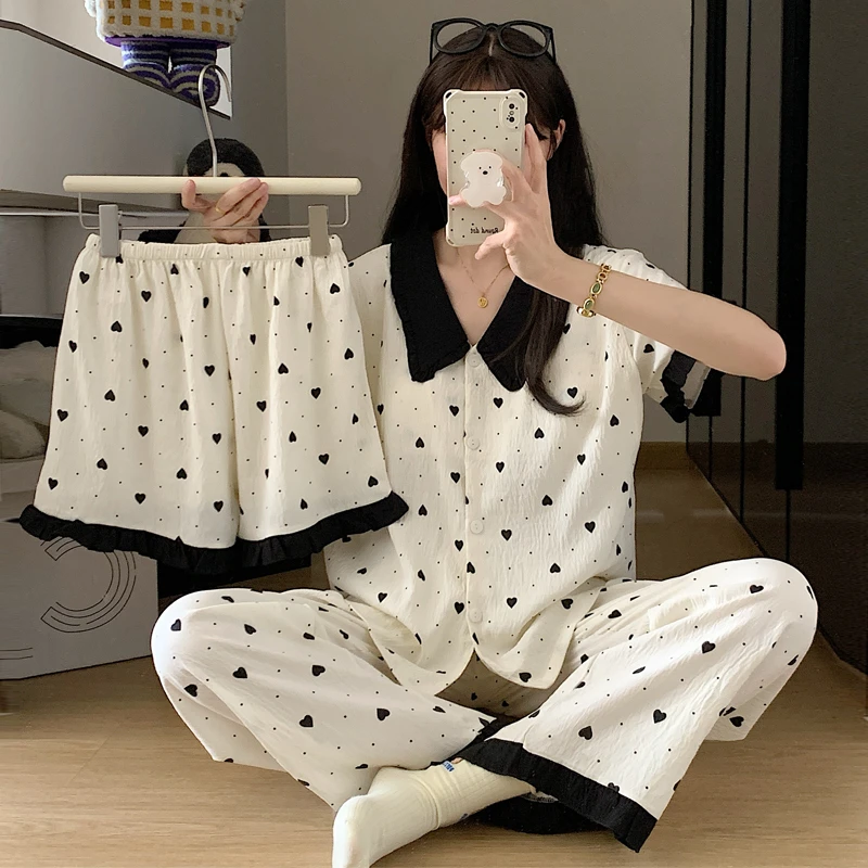 新款自带胸垫三件套睡衣女夏季短袖甜美爱心开衫公主风家居服套装