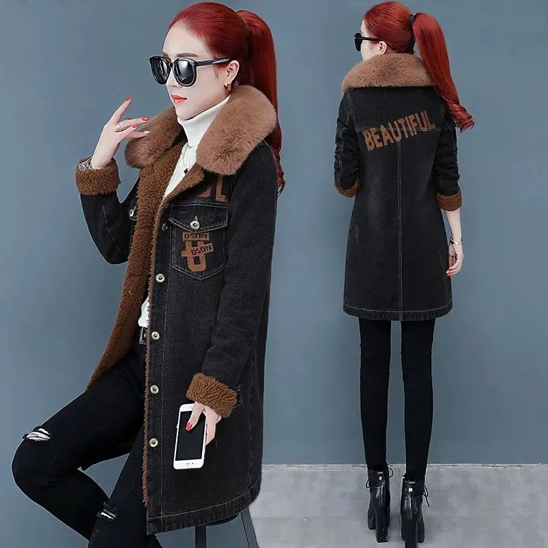 毛领牛仔外套女加绒加厚中长款牛仔衣服秋冬款棉衣保暖风衣袄子潮