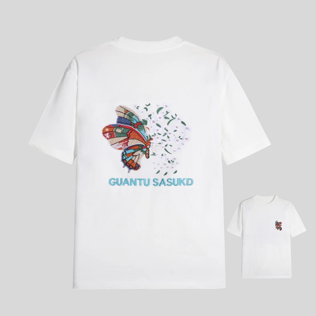 【花】时尚男士夏季短袖花朵蝴蝶刺绣T恤 y343