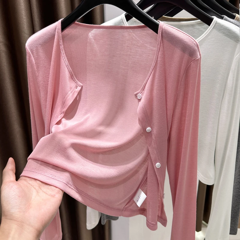 粉色冰丝针织防晒开衫女夏季配旗袍披肩外搭时尚圆领薄款空调罩衫