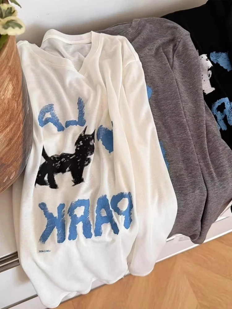 时尚休闲长袖T恤女夏季新款防晒罩衫薄款微透设计感印花百搭上衣