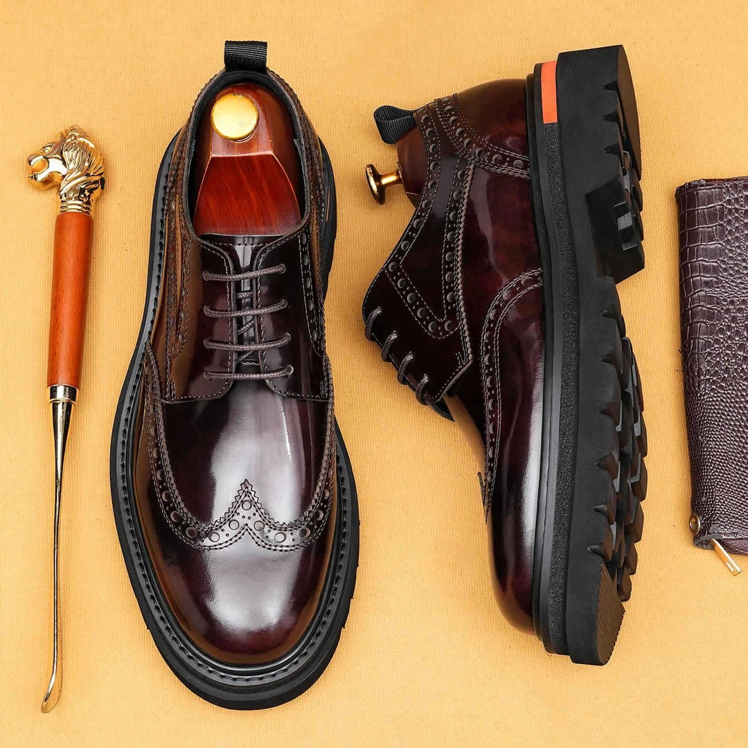 2025新款商务正装皮鞋男款真皮厚底增高亮面德比鞋布洛克雕花男鞋