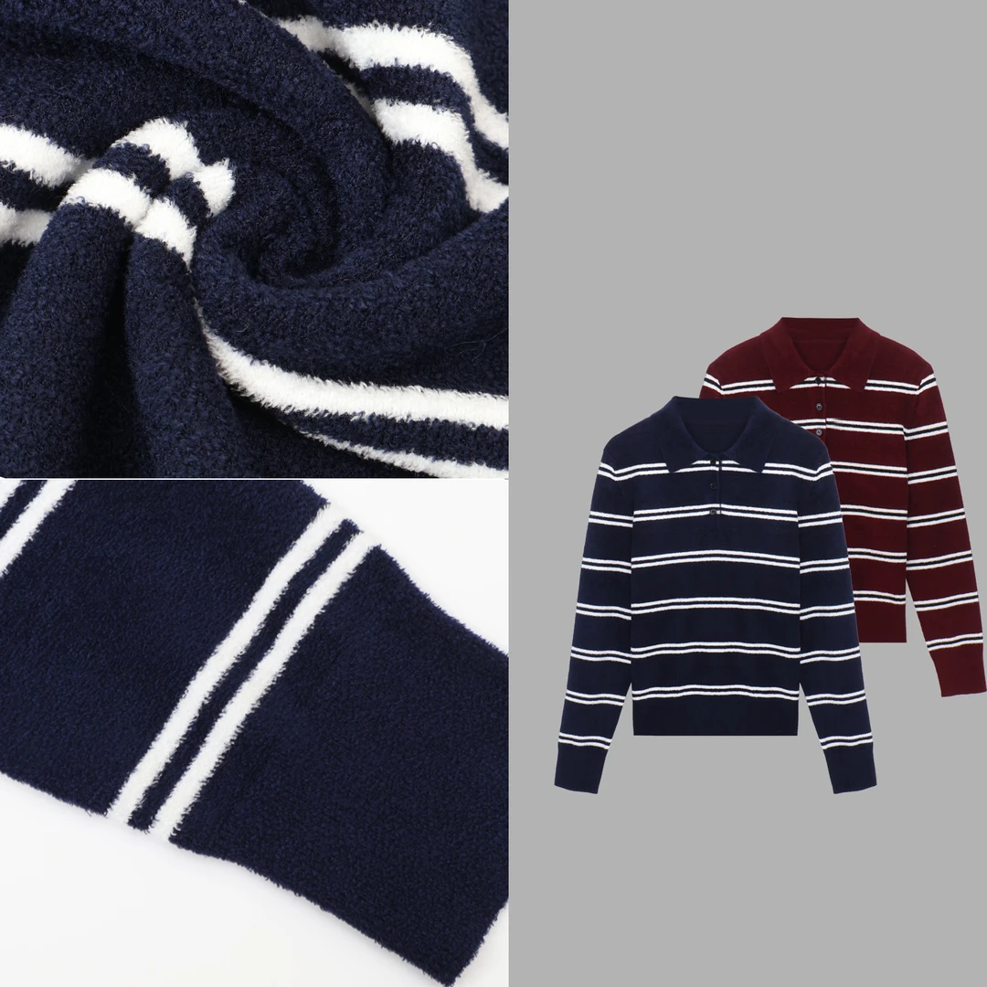 凯特丝蓓3716#【今日】条纹翻领长袖百搭针织衫