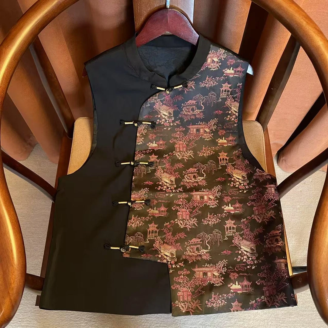 【暮若】马夹背带女常规款复古单排扣提花两面唐装百搭印花民族风