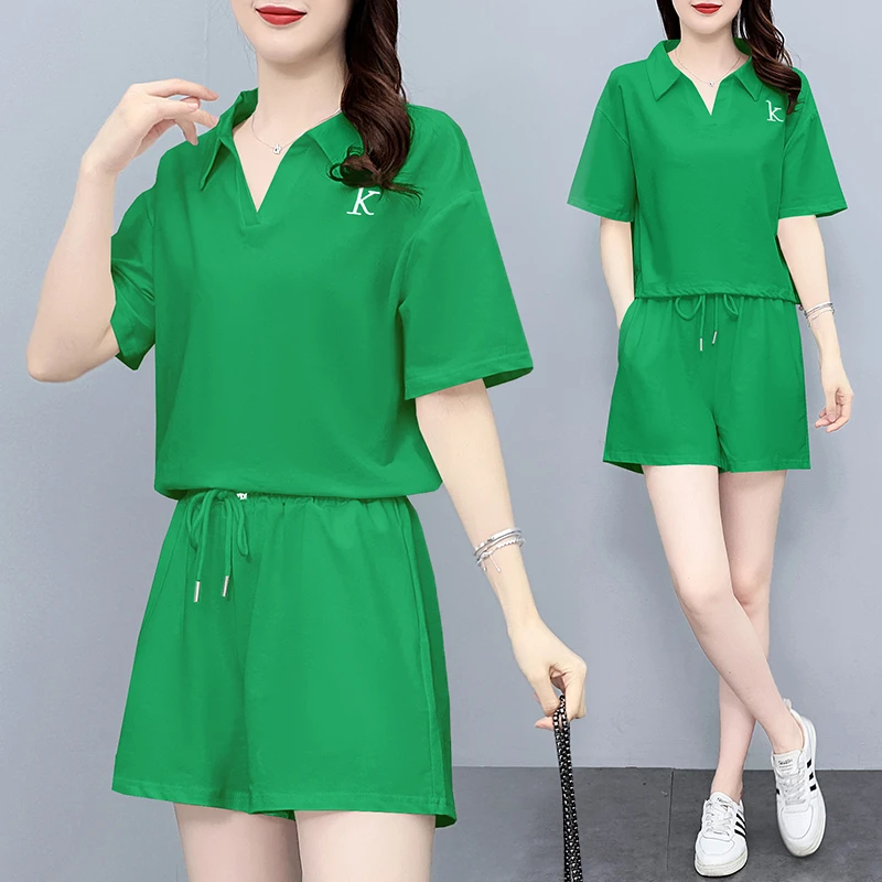 时尚休闲运动服套装女2025夏季新款V领Polo衫短袖上衣短裤两件套