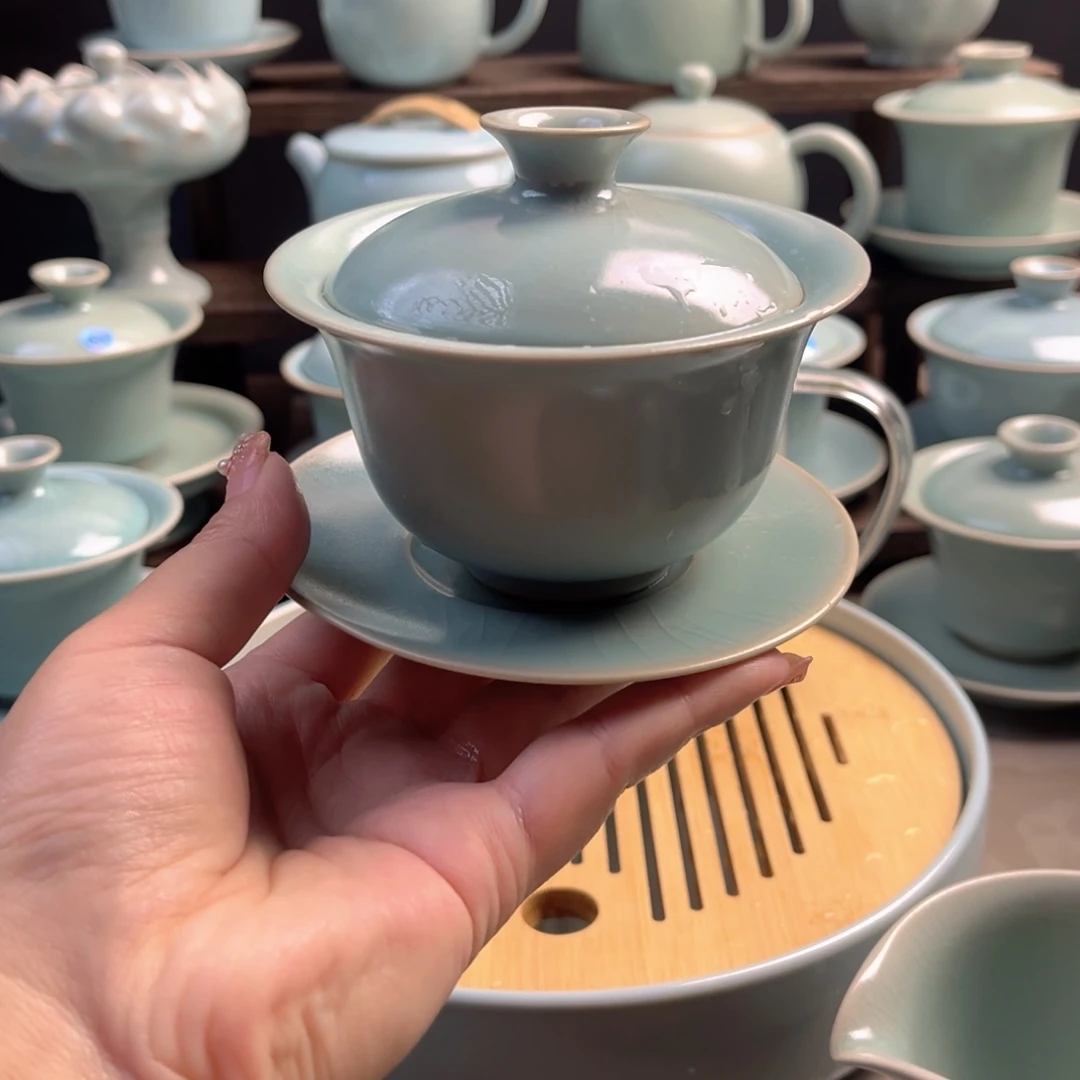 瓷仿古釉元宝盖碗微瑕