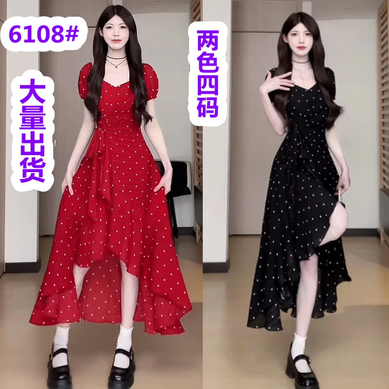 松本丧丧红色波点裙肌理感不规则裙摆A字裙短袖连衣裙