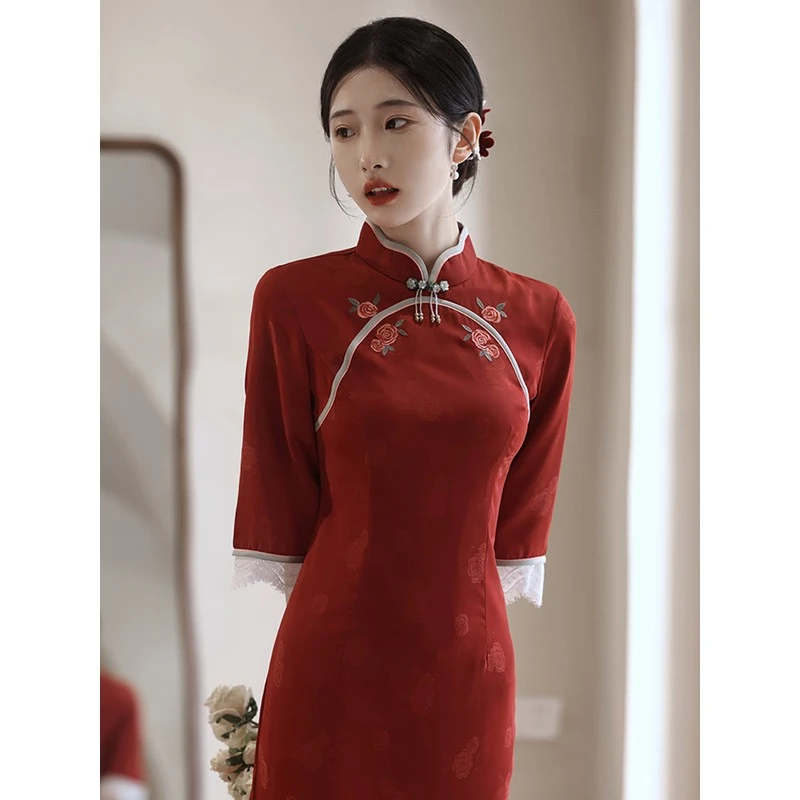 画报夫人红色旗袍敬酒服新娘订婚礼服裙新款轻款结婚便装秋季出阁