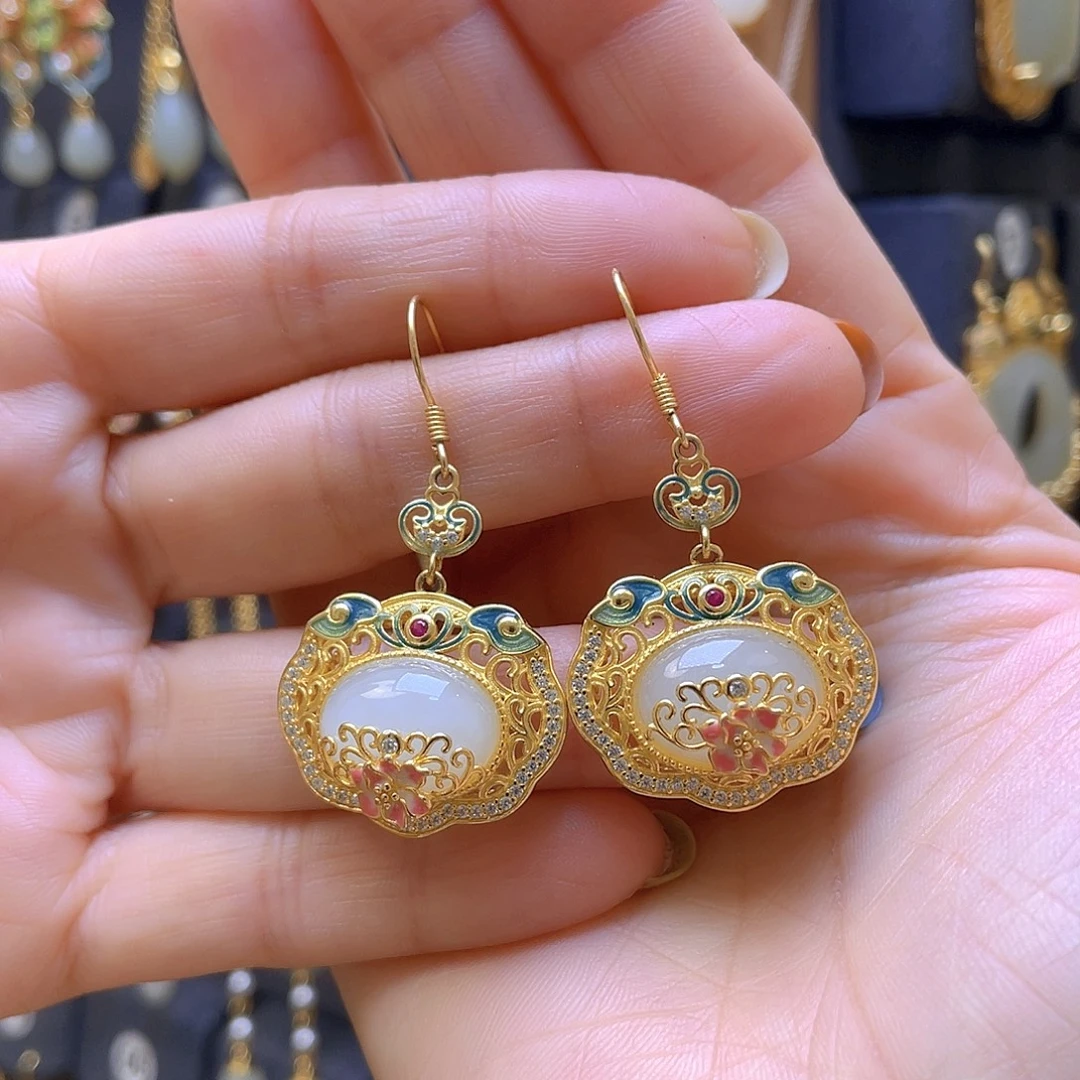 和田玉银S925镀金镶嵌耳饰