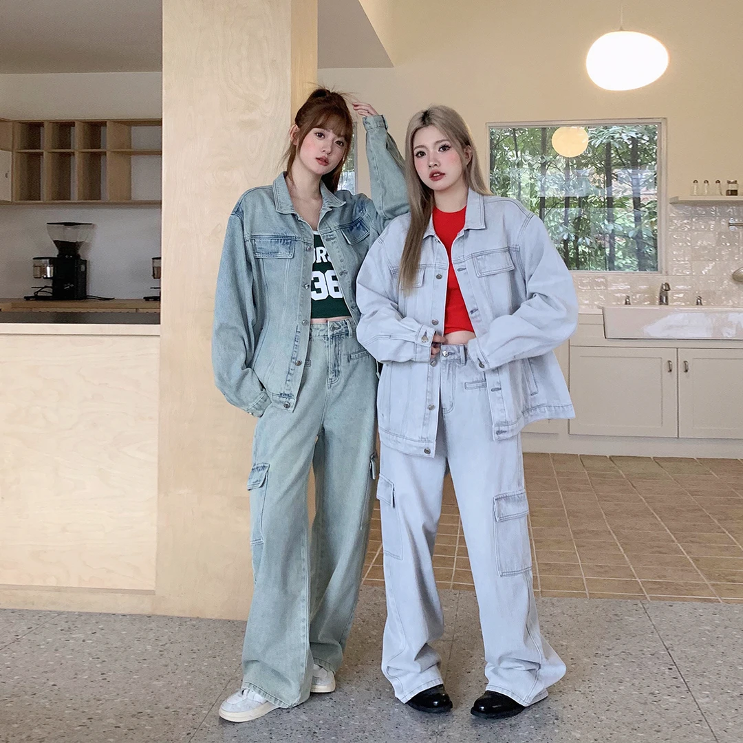 晶咕白标美式夏季复古水牛仔外套女大码休闲宽松长袖潮流百搭韩版