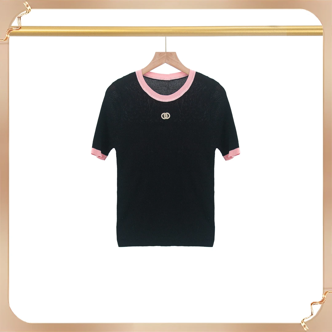 【妞妞】小香风百搭减龄春夏新款短袖针织上衣黑拼粉   056972