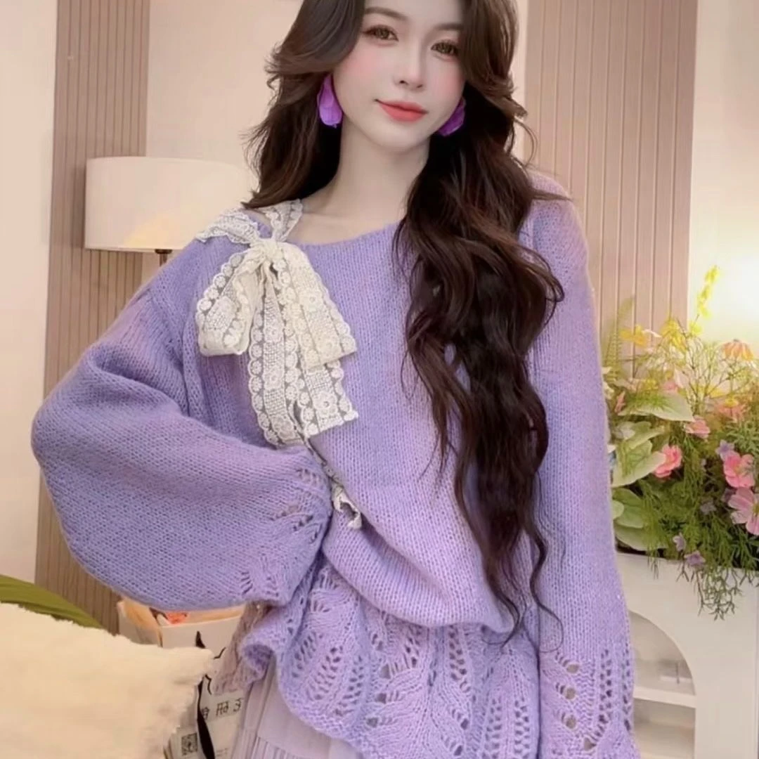 慵懒风镂空长袖针织衫女2025秋季新款宽松显瘦百搭设计感小众上衣