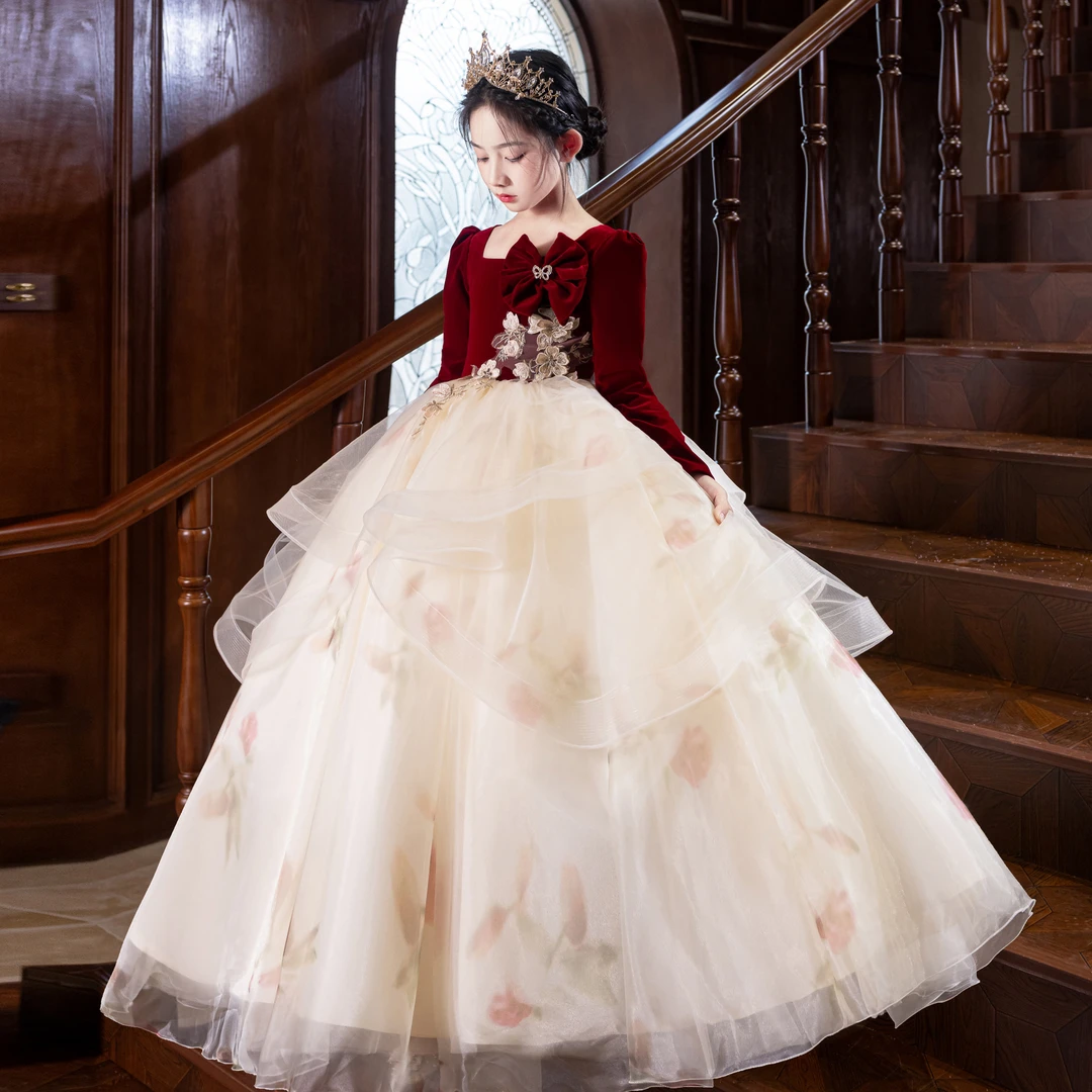 女童礼服高端轻奢小众儿童生日公主裙主持人钢琴演奏绝美花童红色