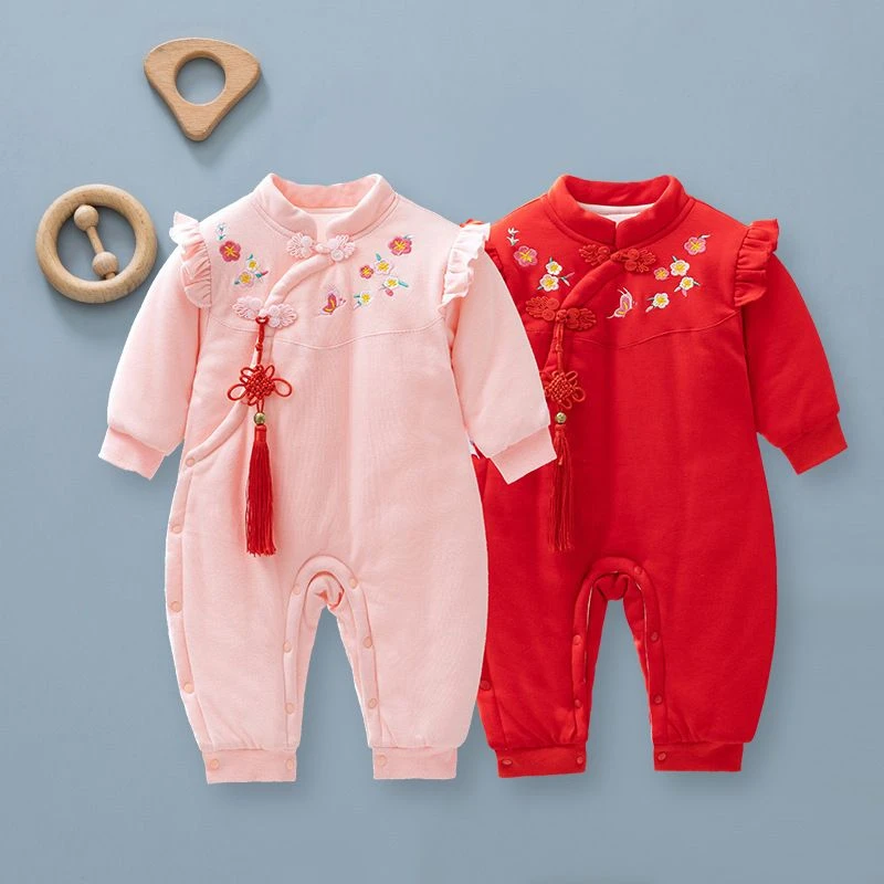 秋冬新品新生儿连体衣女宝宝中国风夹棉哈衣爬服婴幼儿满月宴百周