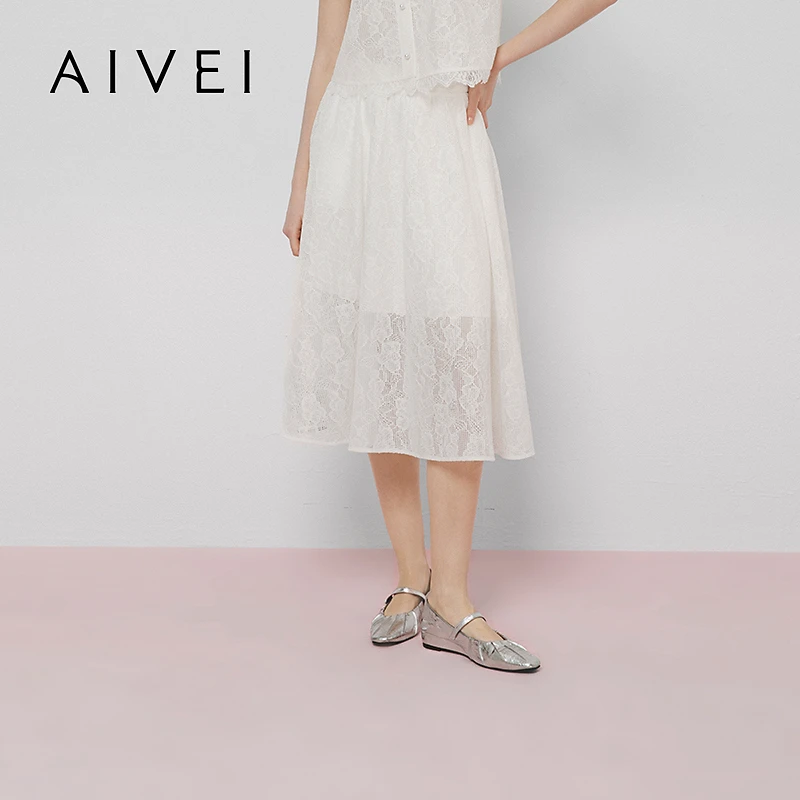 AIVEI欣贺艾薇2025春季超仙初恋风千金绣花白色A版中长裙S713602A