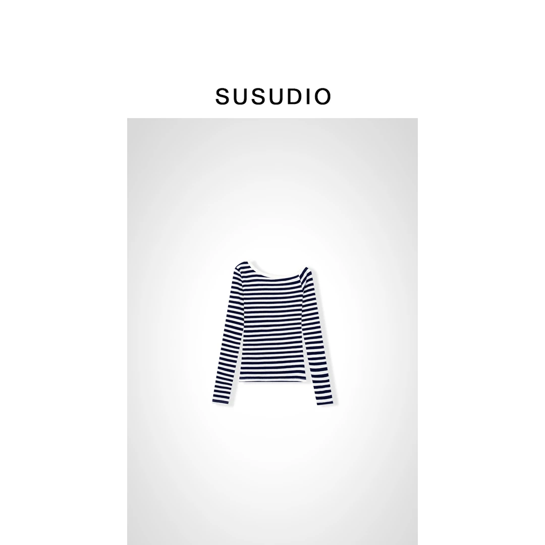 SUSUDIO② 新款百搭潮流条纹斜肩T恤10029