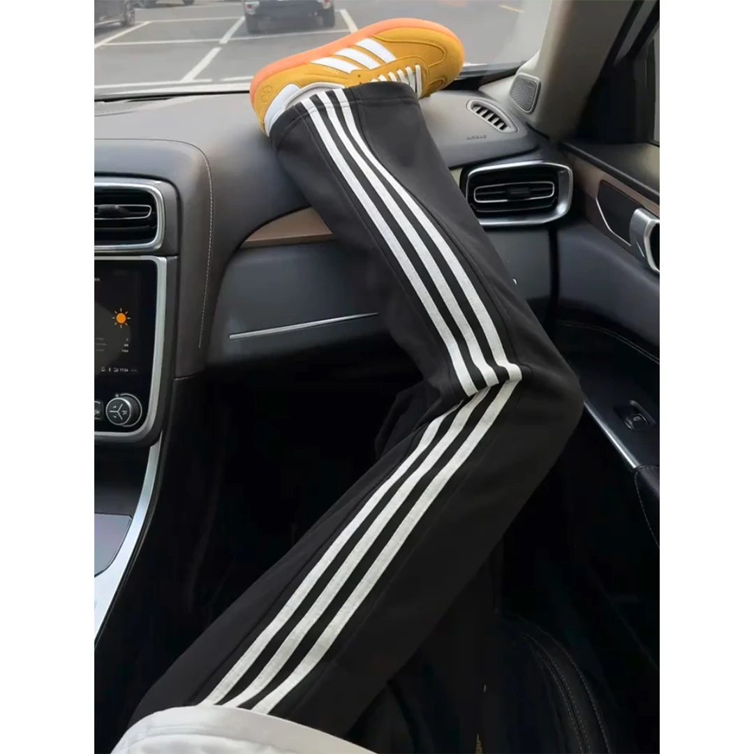 Peppcleanfit条纹运动卫裤男秋冬美式潮牌三条杠加绒显腿长直筒裤