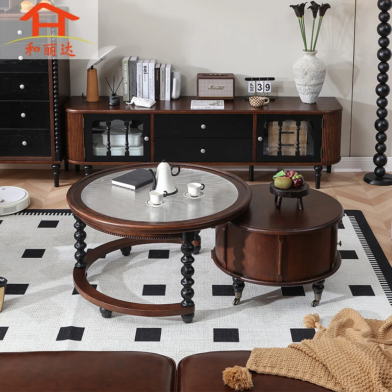 （南特）中古风组合茶几法式红橡纯实木客厅高级感茶桌带轮子圆几